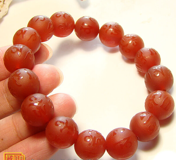 Genuine 12mm Natural Red Agate Om Mani Padme Hum Beads Bracelet